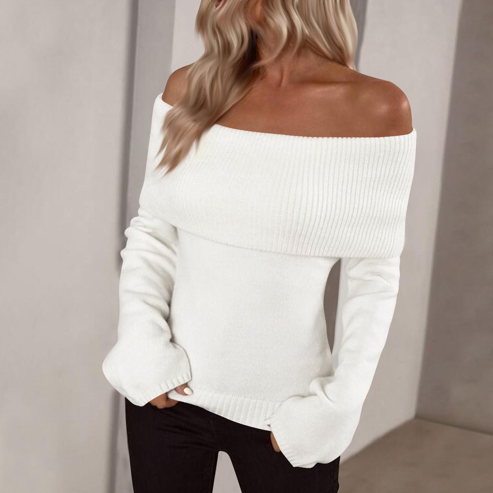 

Пуловеры Джемперы Топы Женские С открытыми плечами Складной свитер Вязаные Осенние свитера XL белый