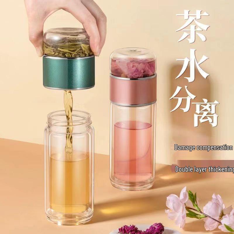 Women's Portable Tea Brewing Cup with Tea-Water Separation - Glass Tea Ceremony Gift, Office Mug with Printable Logo
