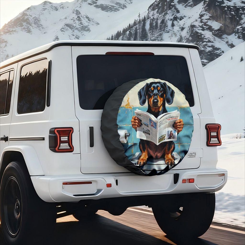Funny Dachshund Reading Newspaper Toilet Tire Cover Funny Dog Spare Wheel Protector SUV Off Road Durable Sleeve