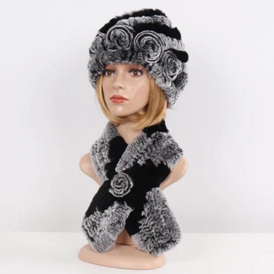Hot Sale Lady Natural Fur Hats Scarves Sets Women Winter Knit Real Rex Rabbit Fur Hats Muffle 2 Pieces Real Fur Hat Scarf