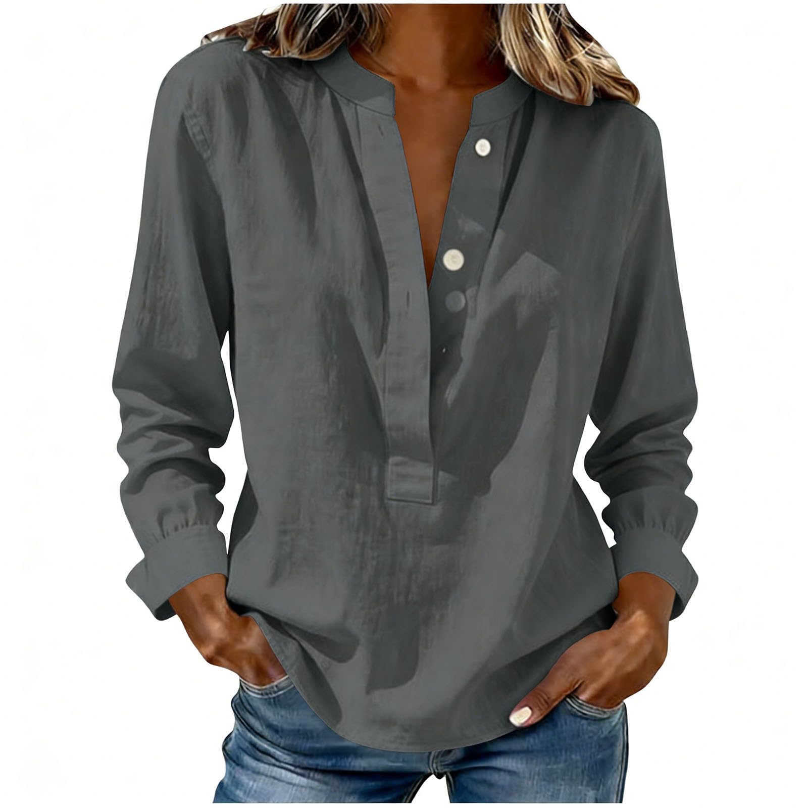 

Women Loose Button Up Casual Blouses Long Sleeve Linen Tops XL