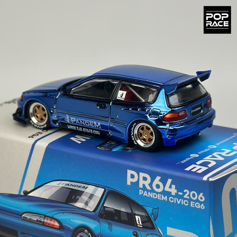 POPRACE 1:64 Rocket Rabbit Civic EG6 Chrome Blue alloy car model 206