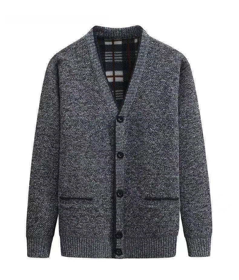 Men's Winter Thickened V-Neck Plus Velvet Sweater Cardigan for Middle-Aged & Elderly