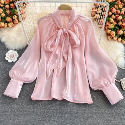 Édes női blúz, egyszínű pillangós nyakkendő, fűzős gallér, hosszú ujjú, bő, egyenes blusas ing Női, mindenhez passzoló divat