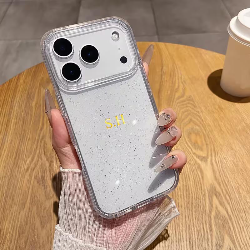 

Personalized Custom Name Hot Foil Engraved Transparent With Fine Glitter Phone Case For iPhone 13 14 15 16 17 Pro Max 17 Air For iPhone 17 Air