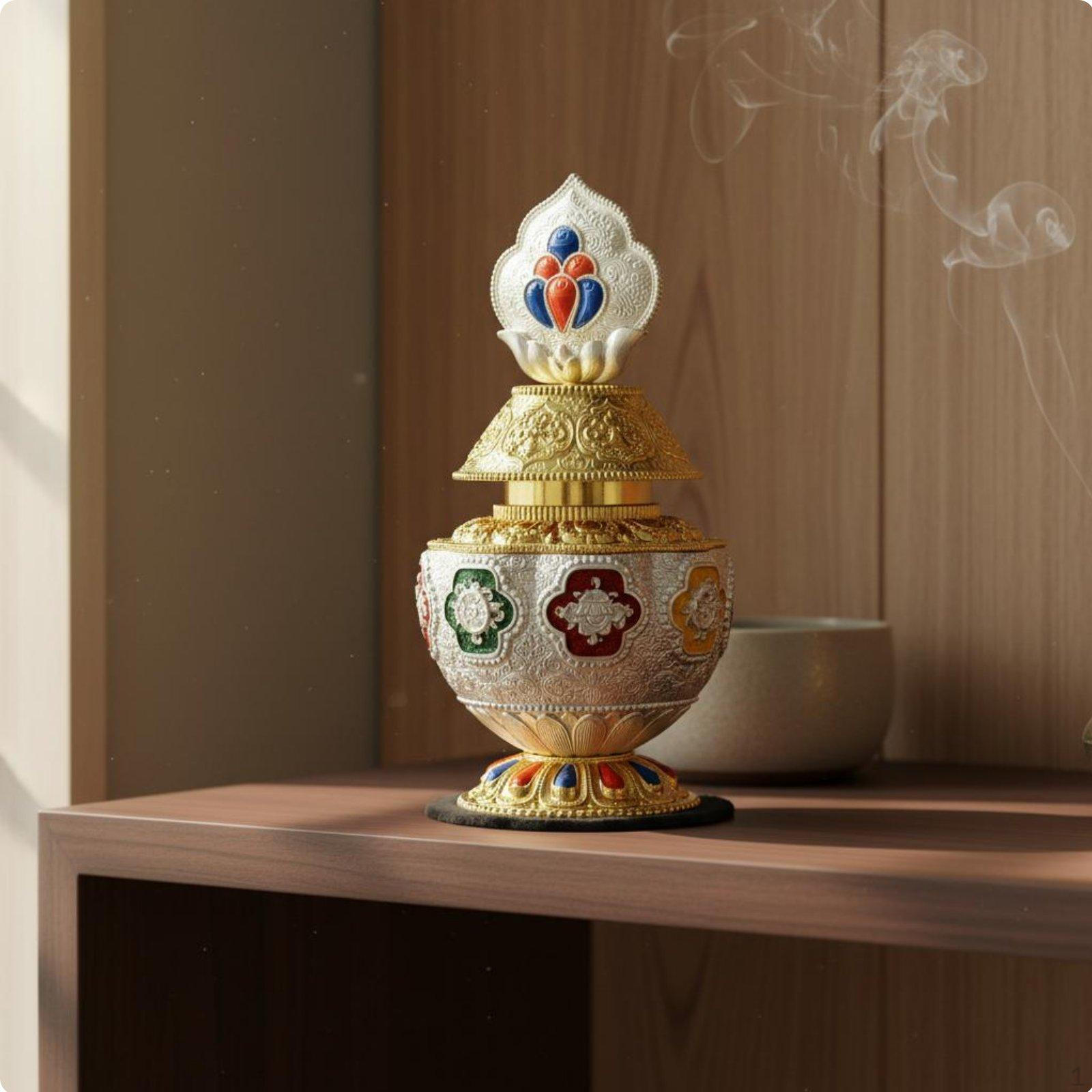 Tibetan Treasure Bottle Embossed Pattern Buddhist Ritual MultiColor Enamel Spiritual Gold and Silver 18CM