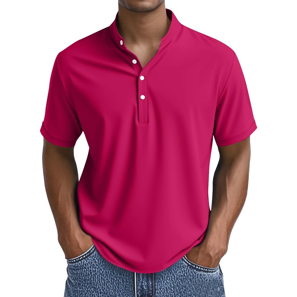 Men's Summer Solid Color Button Collar Short Sleeve Tops Men's Casual Loose Fashion Tops