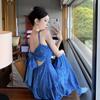 Floral Blue Suspender Dress Women's Summer Bow Halter High Waist Thin Spice Girl Long Dress Seaside Photo Clothes