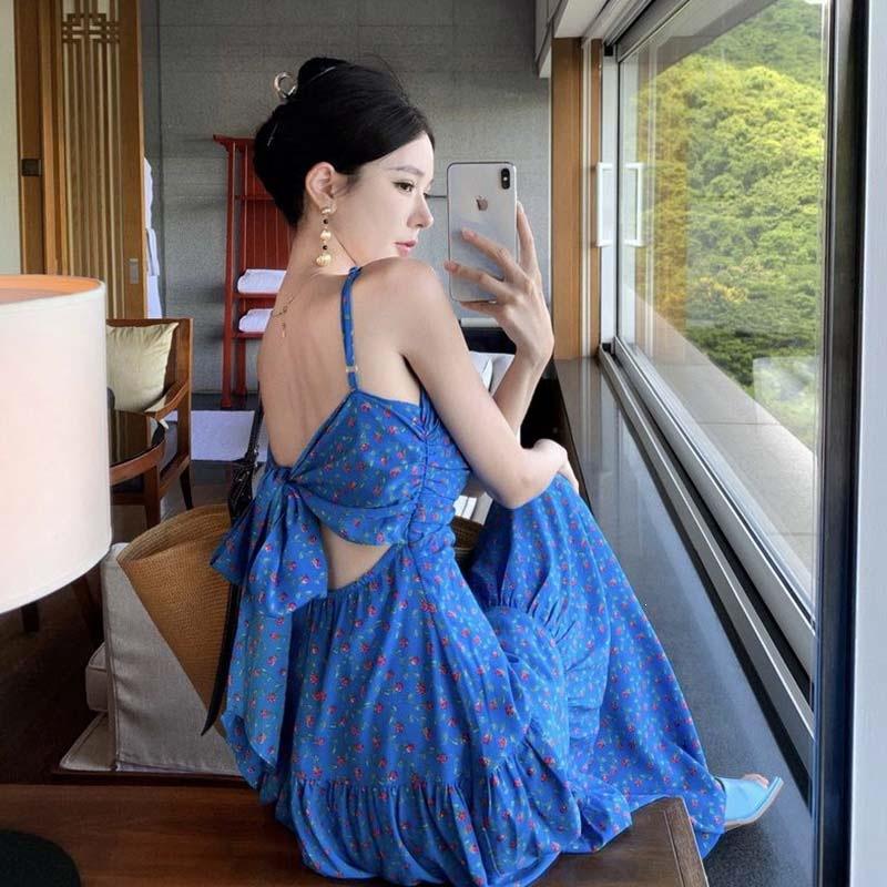 Floral Blue Suspender Dress Women's Summer Bow Halter High Waist Thin Spice Girl Long Dress Seaside Photo Clothes