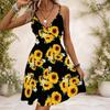 Women Plus Size Black V Neck Sleeveless Spaghetti Strap Gathered Waist Flared Printed Dress