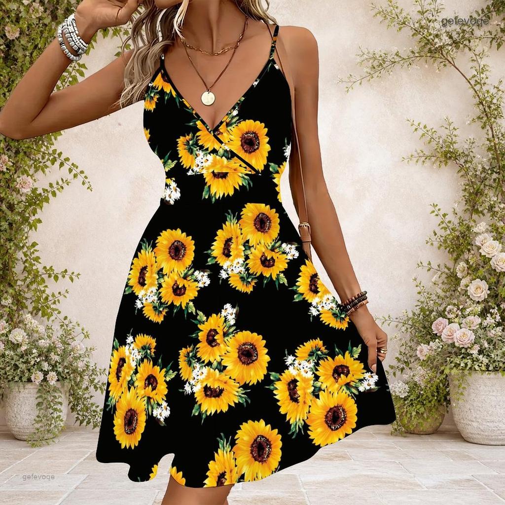 Women Plus Size Black V Neck Sleeveless Spaghetti Strap Gathered Waist Flared Printed Dress