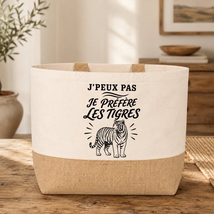 Sac J’peux pas je préfère les Tigres J'peux pas minimaliste | Cabas en Coton avec Fond Jute 18 L 48 × 37 × 13 cm | Marché Shopping