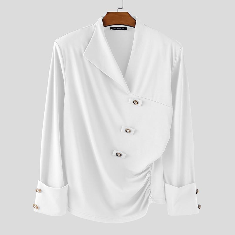INCERUN Men Long Sleeve Front Cross Irregular Folding Ruffled Casual Tops Shirts