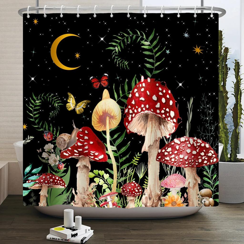 Mushroom Shower Curtain Flower Green Leaf Plant Forest Butterfly Botanical Floral Squirrel Aesthetic Waterproof Bathroom Curtain