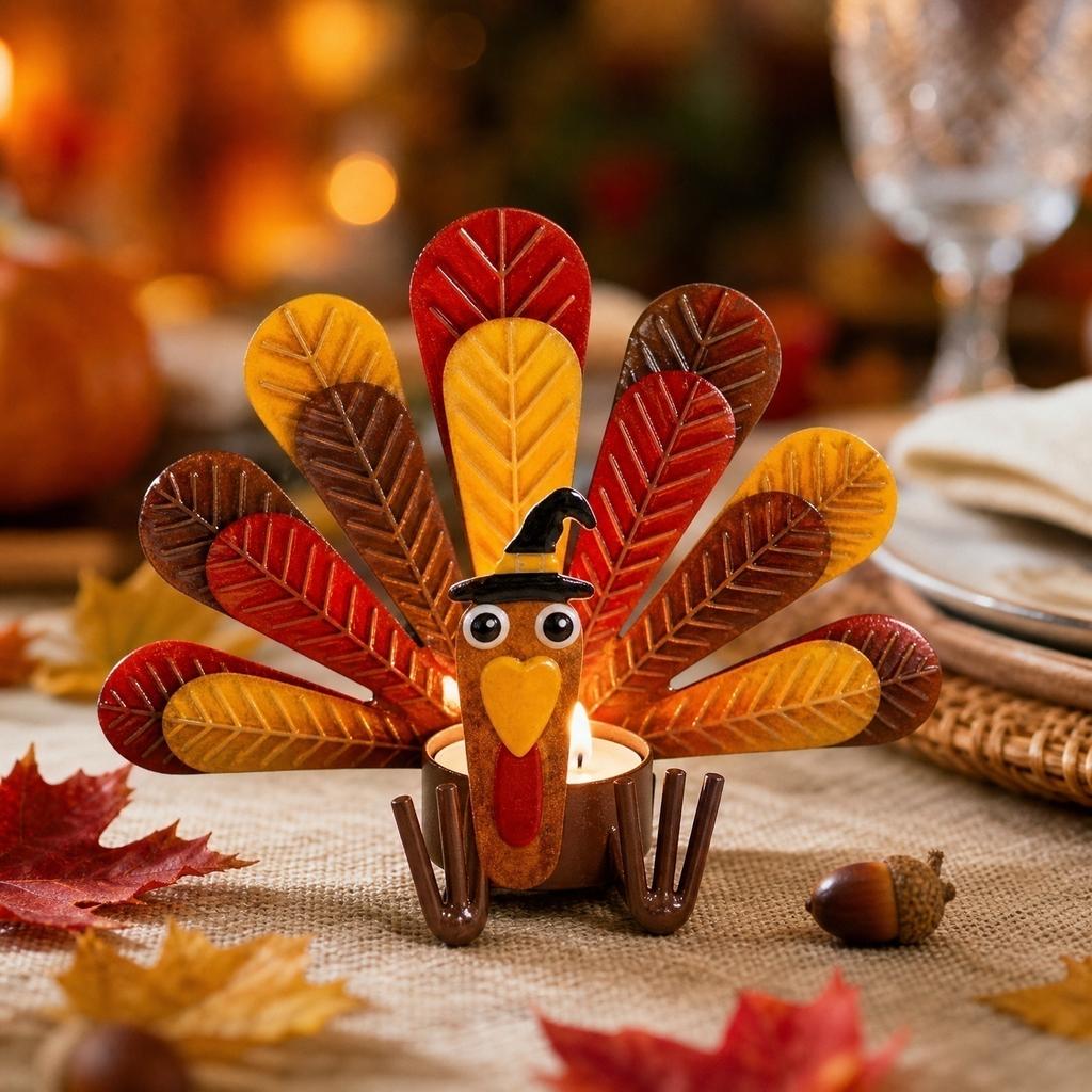 Metal Turkey Tealight Candle Holder Thanksgiving Tabletop Decoration Sitting Turkey Design for Home Decor Seasonal Display