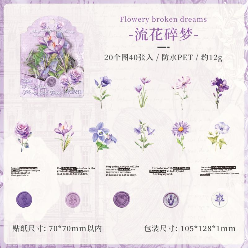40Pcs PET Waterproof Flower Stickers Elegant Floral Pattern Decor For Scrapbooking Journal Diary Layout
