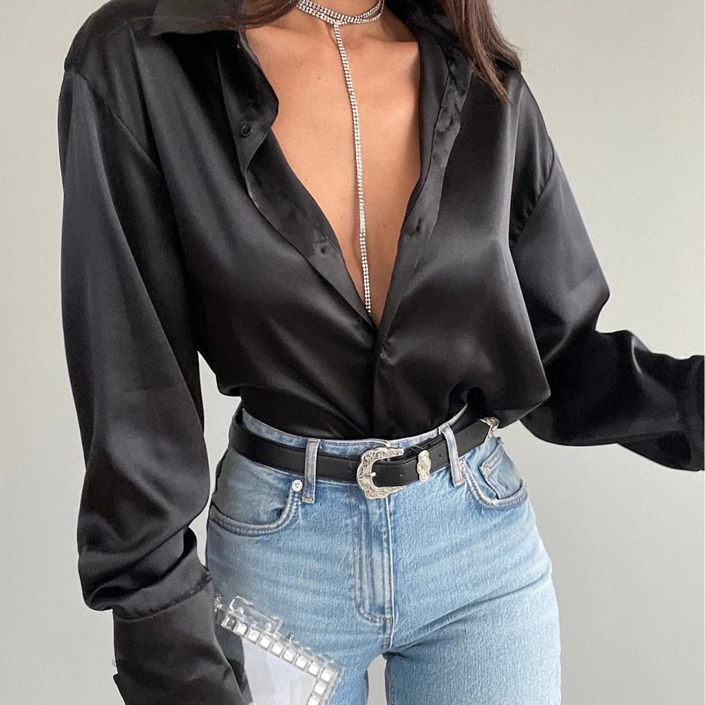 Spring Lapel Satin Single-breasted Long-sleeved Lapel Shirt Sexy Professional Shirt T-shirt Women's Wear