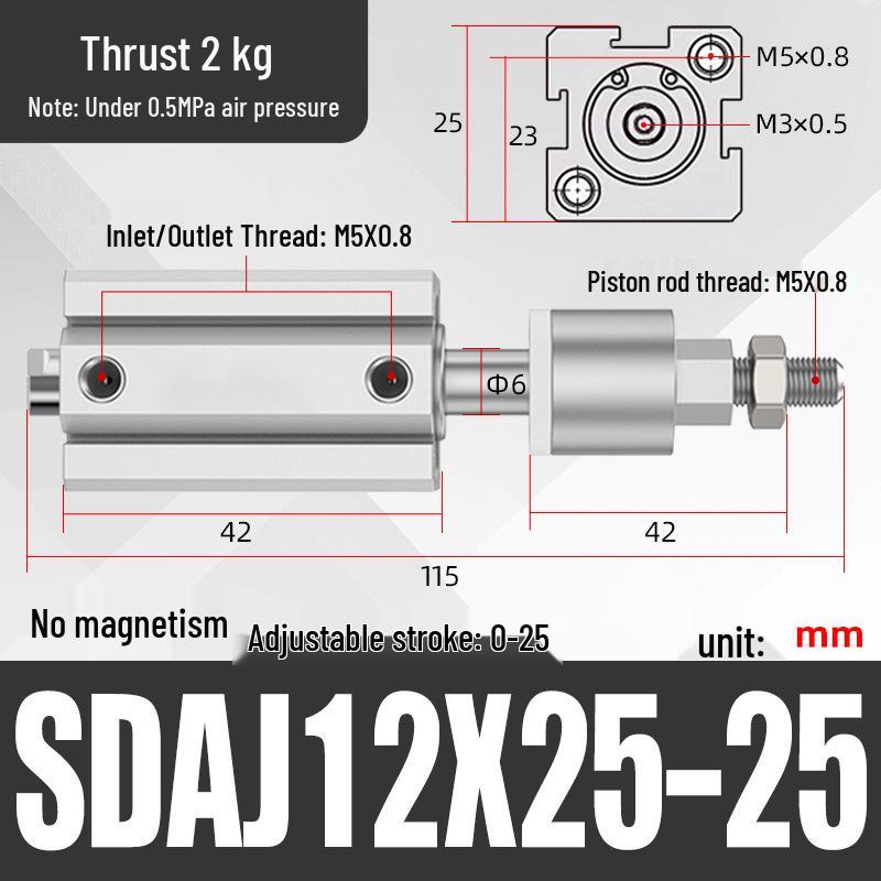 Adjustable Stroke Pneumatic Thin Cylinder - Piston Rod Sizes: 16/20/25/32/40/63