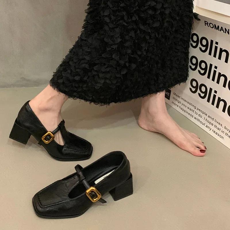 Fashion Women Mary Janes Pumps Spring/Autumn Small Square Head Pumps Fashion Buckle Strap Square Heel Solid Casual Office Shoes