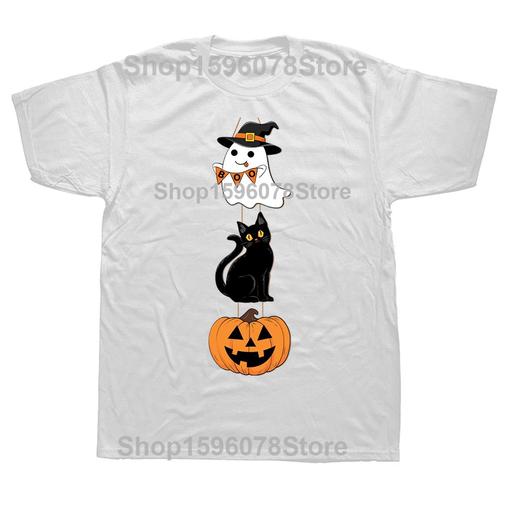 Funny Black Cat Halloween Pumpkin Ghost Tshirts Men Womens Fashion Casual Tshirt 100 Cotton Loose Oversized T Shirt Summer