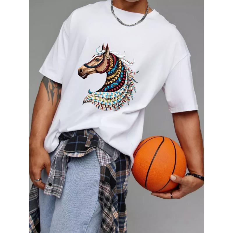 Unisex T-Shirt White Horse Head with Colorful Tribal Pattern Print Casual Wear for Men and Women