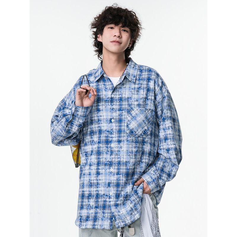 Wassup Trendy Tie-Dye Plaid Shirt for Men, Spring and Summer American Vibe Long-Sleeve Work Shirt, High Street Casual Jacket