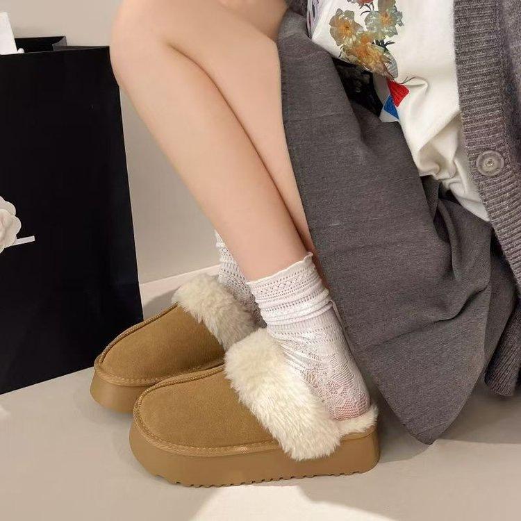 Hairy heightened bag head drag thick-soled cotton slippers women's 2025 winter new outer wear thickened velvet snow boots