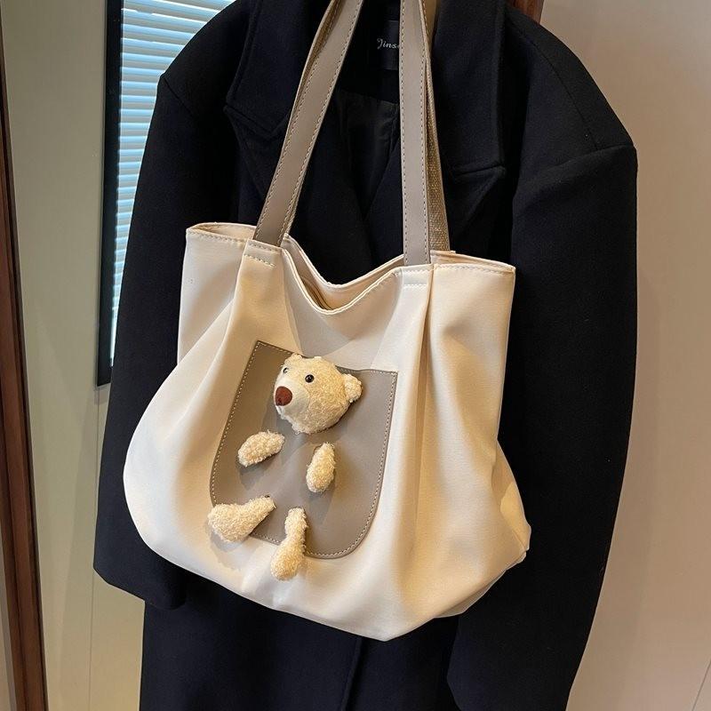 Adorable Large Capacity Canvas Shoulder Bag For Women With Cute Bear Design In Versatile Colors