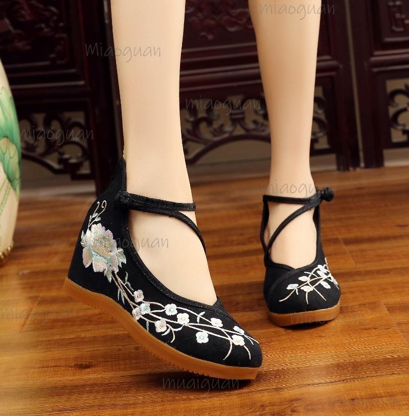 Fashion Chinese Style Women's Woven Shoes Embroidered Flower Women Wedge Pumps High Top Hidden Heel Ankle Strap Casual Canvas Shoes 41