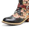 Johnature Handpainted Genuine Leather Women Long Boots Retro Floral Lace Up Belt Buckle Mid-calf Boots