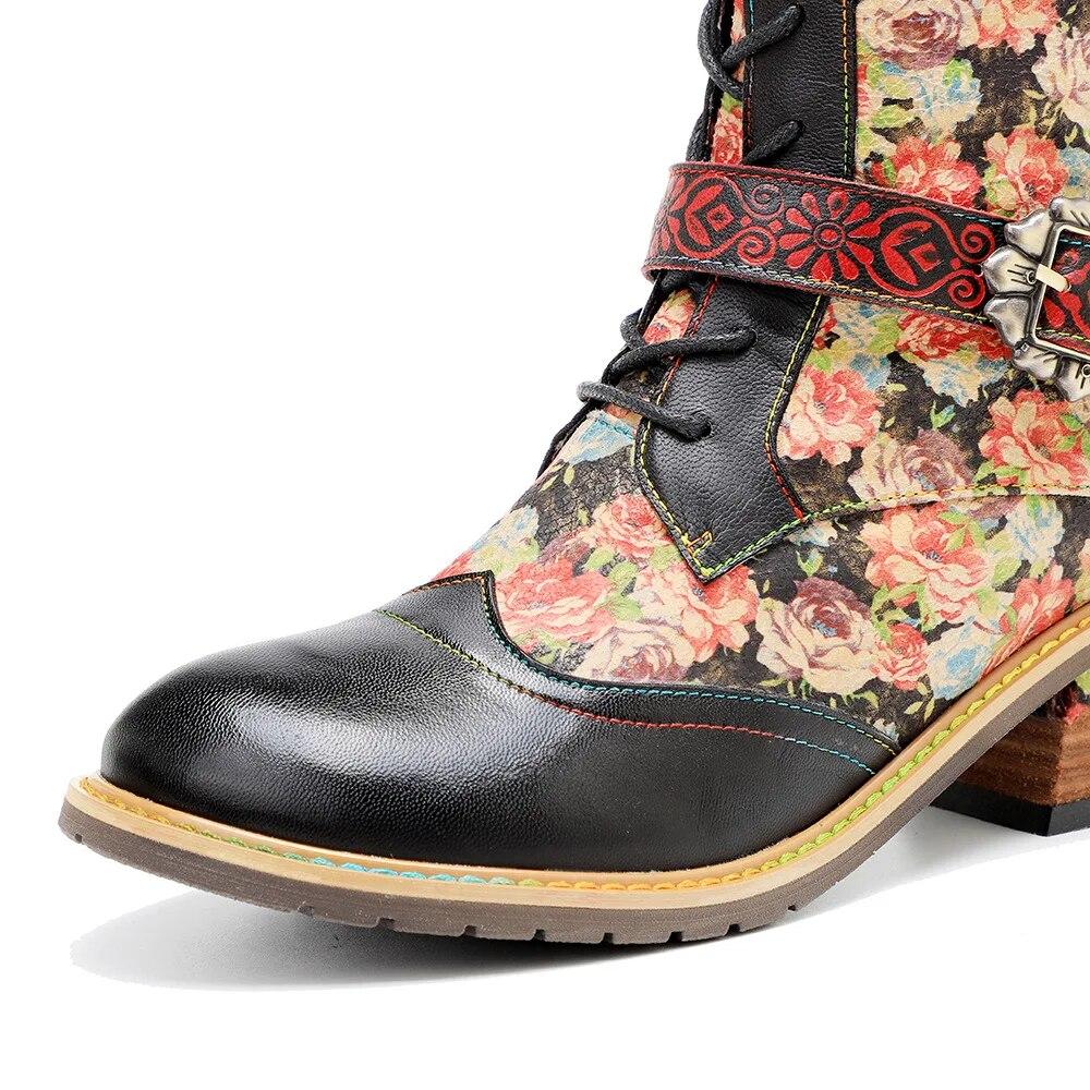 Johnature Handpainted Genuine Leather Women Long Boots Retro Floral Lace Up Belt Buckle Mid-calf Boots