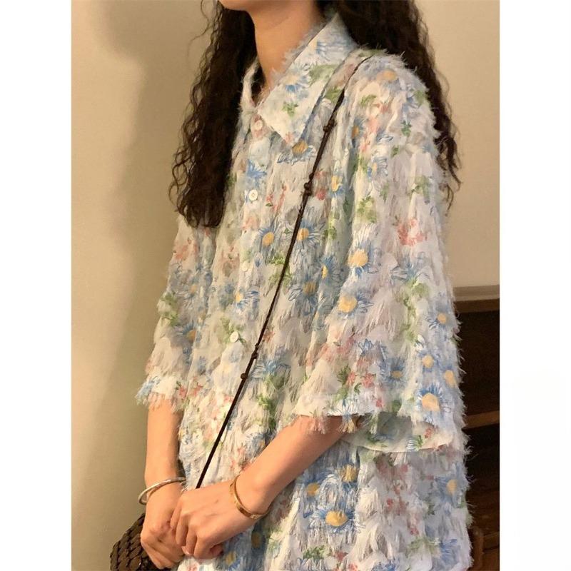 Women's Thin Tassel Short Sleeved Blouses Loose American Retro Casual Blouse Female's Summer Turn-down Collar Clothing