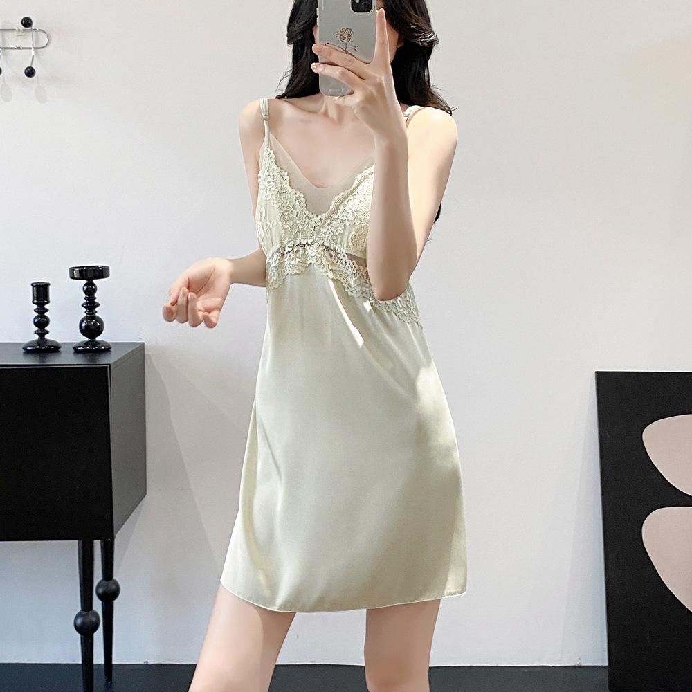 New sexy women's summer nightgown lace simulation silk erotic underwear Internet celebrity explosion suspender pajamas loungewear