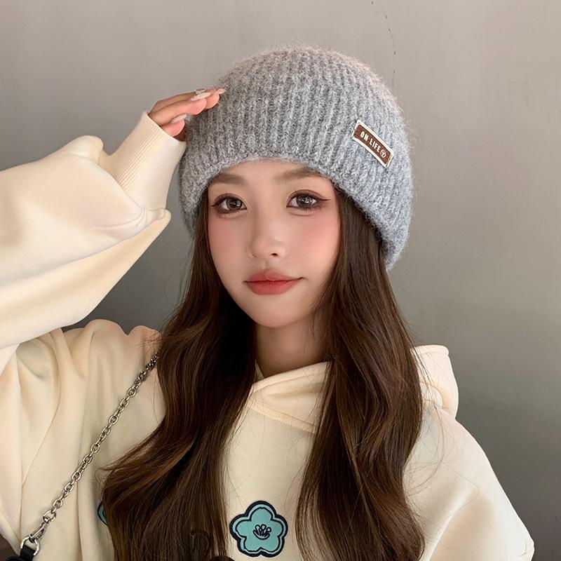 New wool hat women's autumn and winter big head circumference wool thickened warm ear protection knitted stacking hat cold hat