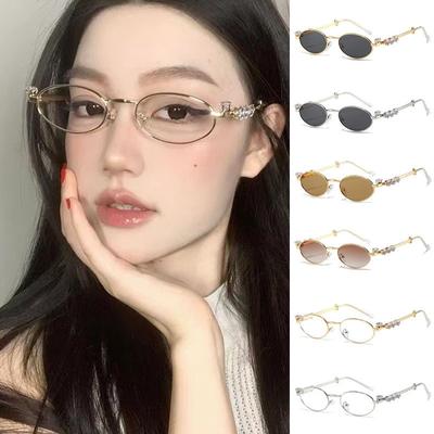 Fashion New Style Diamond Studded Oval Metal Glasses Frame Retro Women Men Small Frame Luxury Y2k Sunglasses Outdoor UV Protection Sunglasses