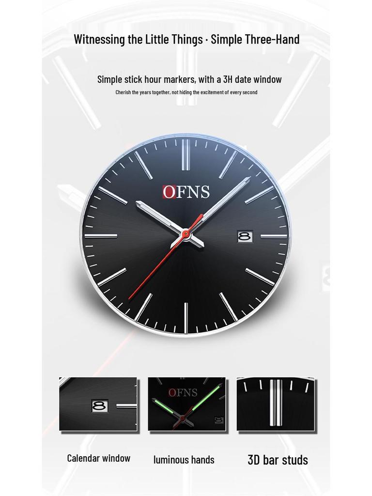 OFNS Classic Unisex Quartz Wristwatch with Calendar, Luminous Hands, 30M Waterproof, Thin Design, High-Value Bar Index.