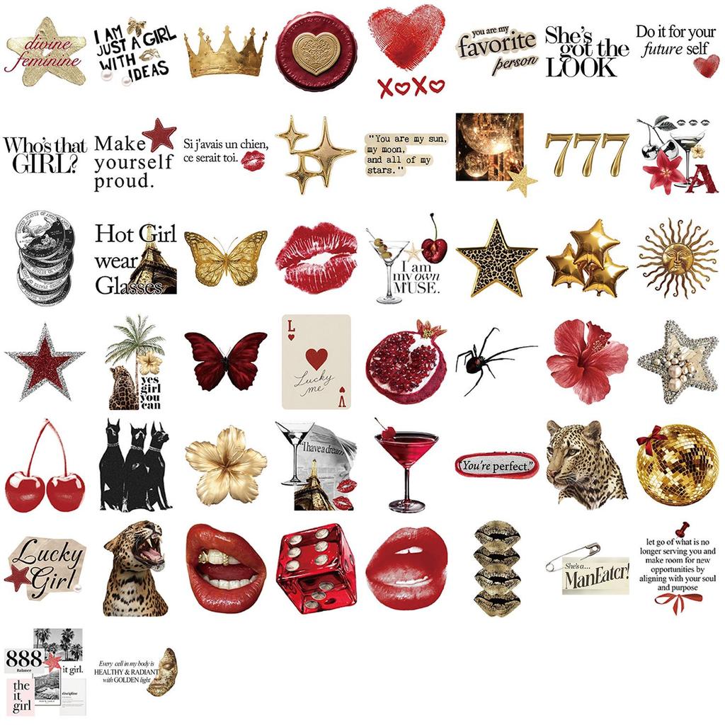 50 Gold & Rote Ästhetische Sticker: Englische Graffiti, Handyhülle, Scrapbook-Dekoration, Selbstklebend, Wasserdicht