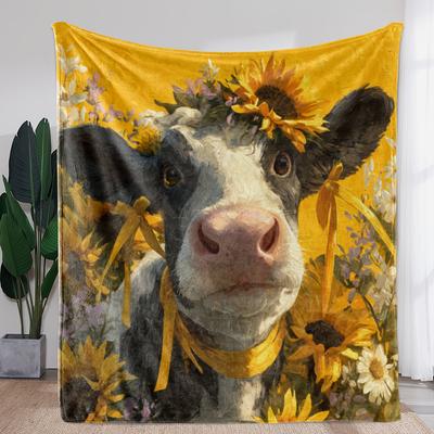 1pc Vintage Sunflower Cow Print Flannel Blanket - Soft Warm All-Season Throw for Sofa, Bed, Car, Office, Camping & Travel