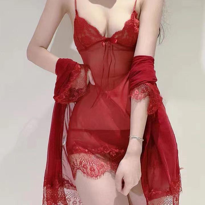 Sexy Pajamas Fun Underwear Women's Lace Suspender Nightgown Robe Summer Pure Lust Tulle Suit Backless