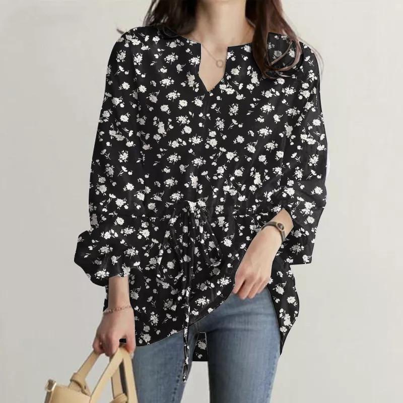 Women's 2024 Puff Sleeve V-Neck Printed Long Blouse with Elastic Waist