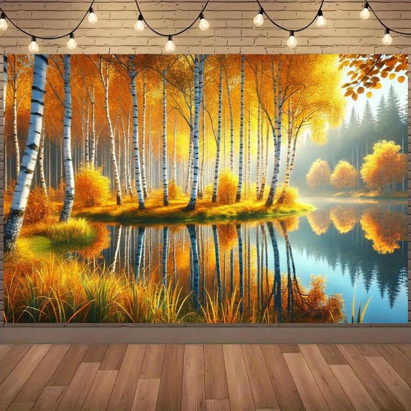 2D plane autumn leaves birch trees and golden leaf lake background fabric party decoration polyester fiber 100x150cm