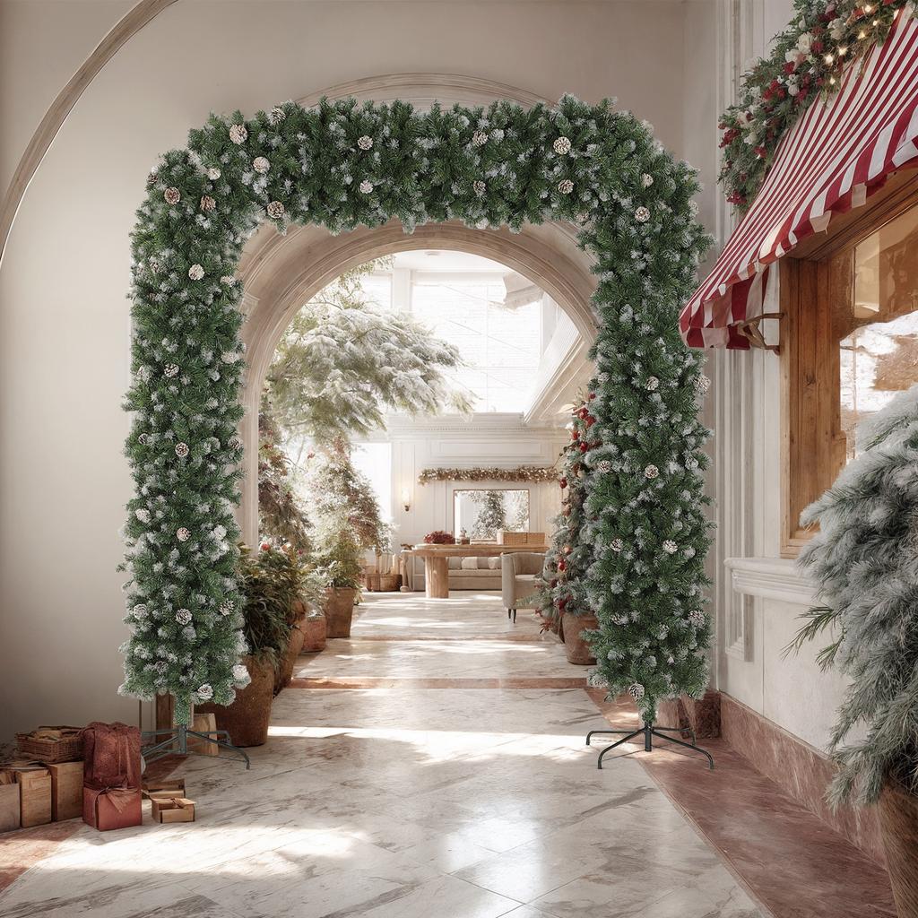 8.2 Ft Snow Frosted Christmas Tree Arch, Christmas Arch Doorway Decor with 2100 Tips and 96 Pinecones