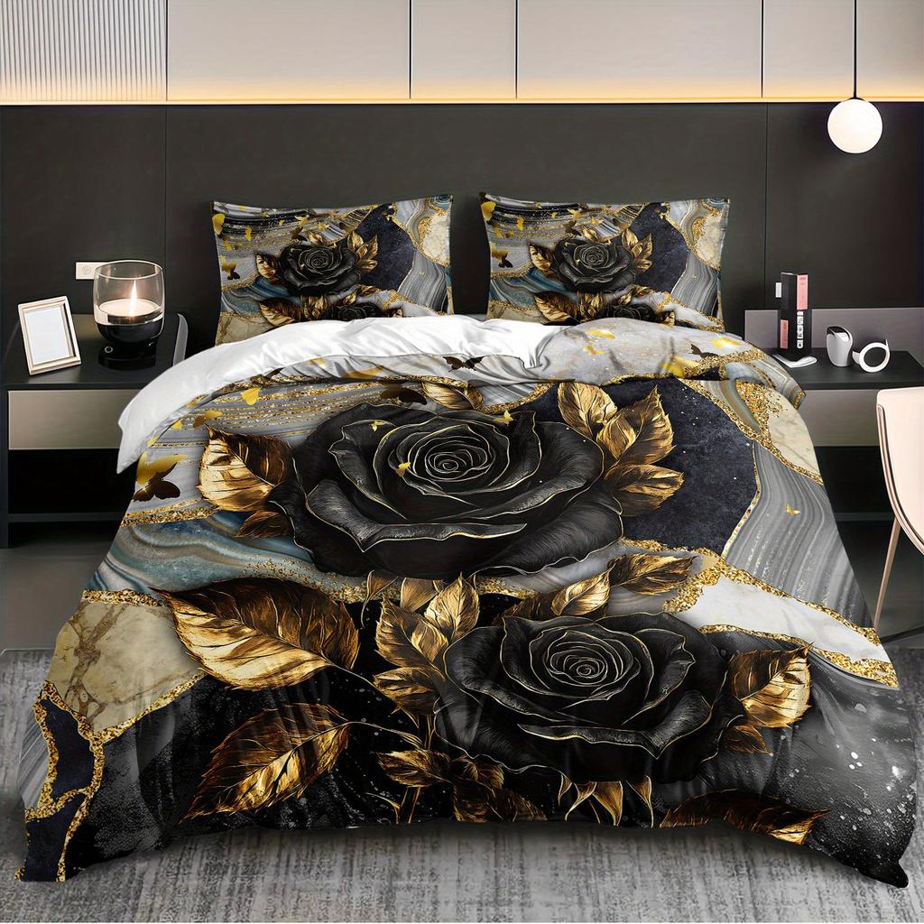 3pcs Black Golden Rose Marble Bedding Duvet Cover Set Luxury Rose Bedding Quilt Set Elegant Rose Themed Bed Quilt Set Modern