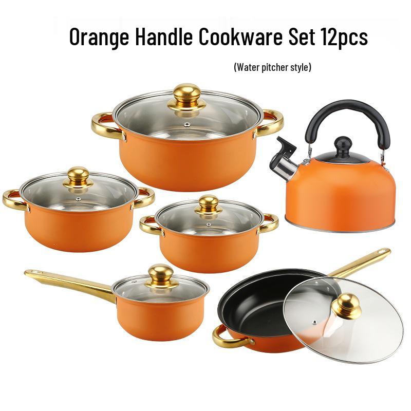 Stainless Steel Non-stick Cookware Set with Gold Handles, 12 PCS - Includes Soup Pot, Frying Pan, Steamer Basket.