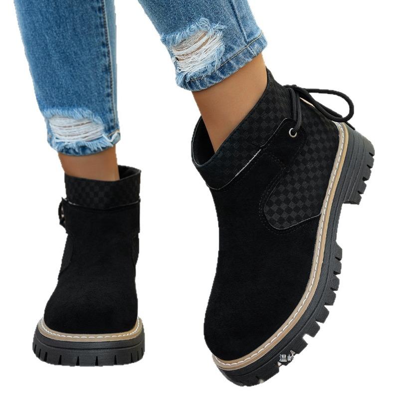 European and American  Large Size Color Matching Short Martin Boots Women's Cross-border Thick Heel Suede Rear Lace-up Thick-soled Knight Boots