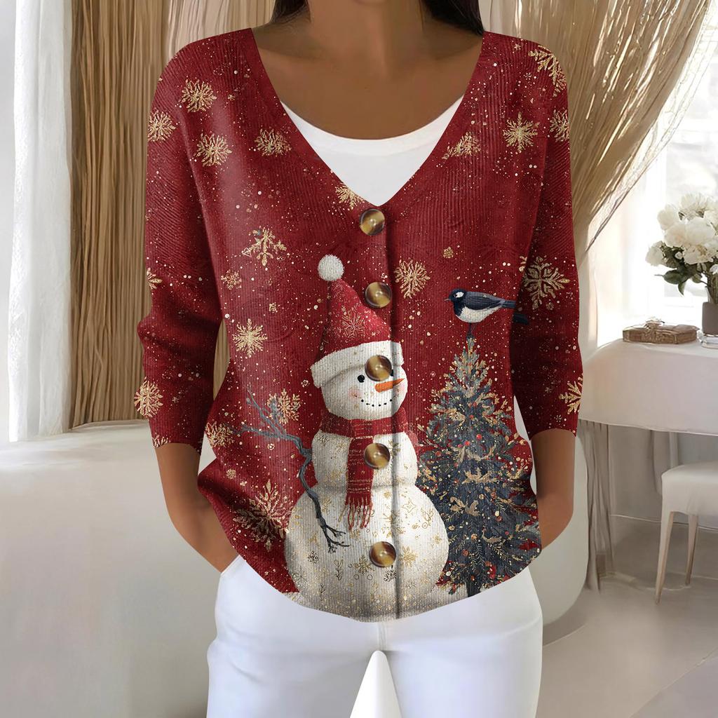 Women's Fashion Long Sleeve Christmas Snowman Snowflake Print Jacket Cardigan