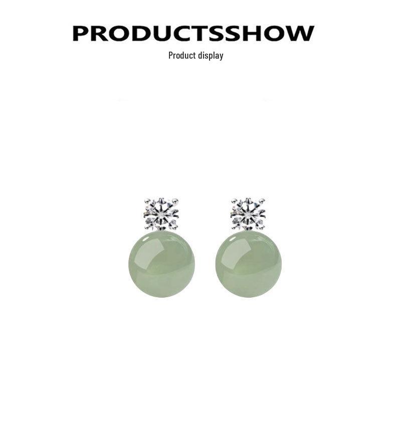 S925 Sterling Silver Needle Hetian Jade Moissanite Stud Earrings - Women's High-End Chinese Style Green Round Bead