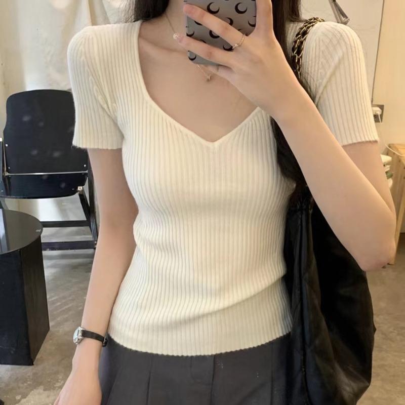 Basic V-neck Solid Thin Summer Pullover Women Female Knitted Ribbed Sweater Slim Short Sleeve Bodycon Sweater