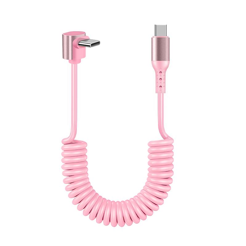 1.5M Coiled USB-C Type C 5A Fast Charging Data Cable 90 Right Angle Retractable Pure Copper Mobile Phone Cord for
