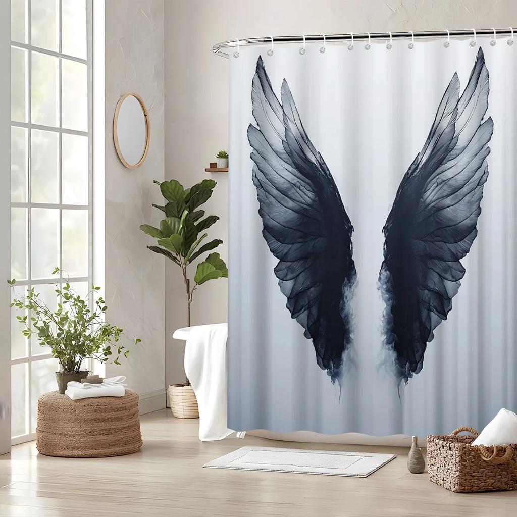Mystical Angel Wings Shower Curtain - Dark Grey Feather Texture, Smoky Outline, Minimalist Grey Backdrop, Polyester